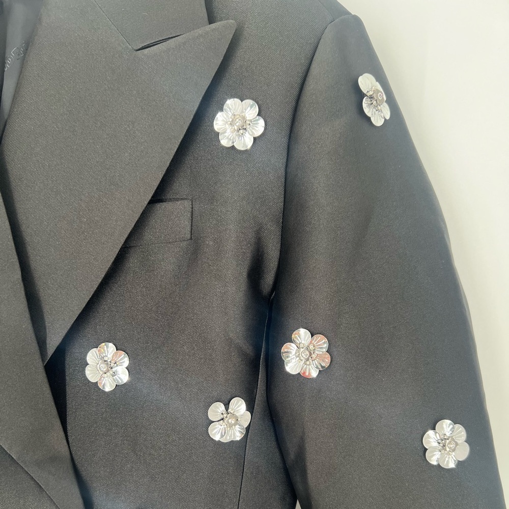 Sandro Flower Floral 3D Embellished Cropped Double Breasted Blazer Satin Jacket - Picture 4 of 9